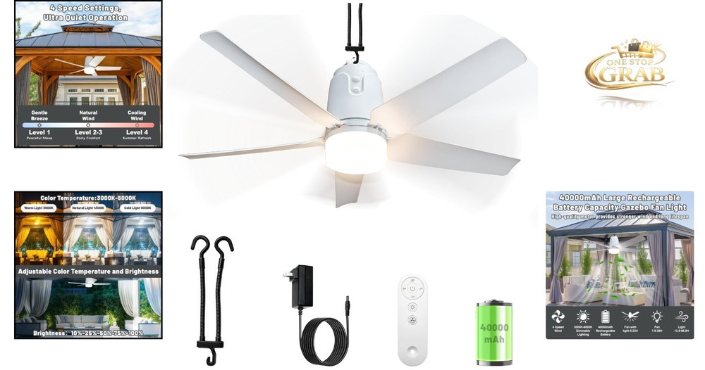 UPGRADED 31.5'' Rechargeable Outdoor Ceiling Fan Light Remote Control