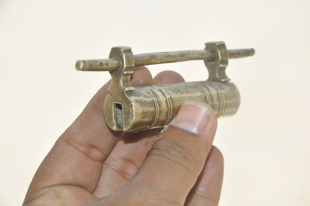 Vintage Brass Small Cylindrical Shape Unique Handcrafted Strip System Padlock