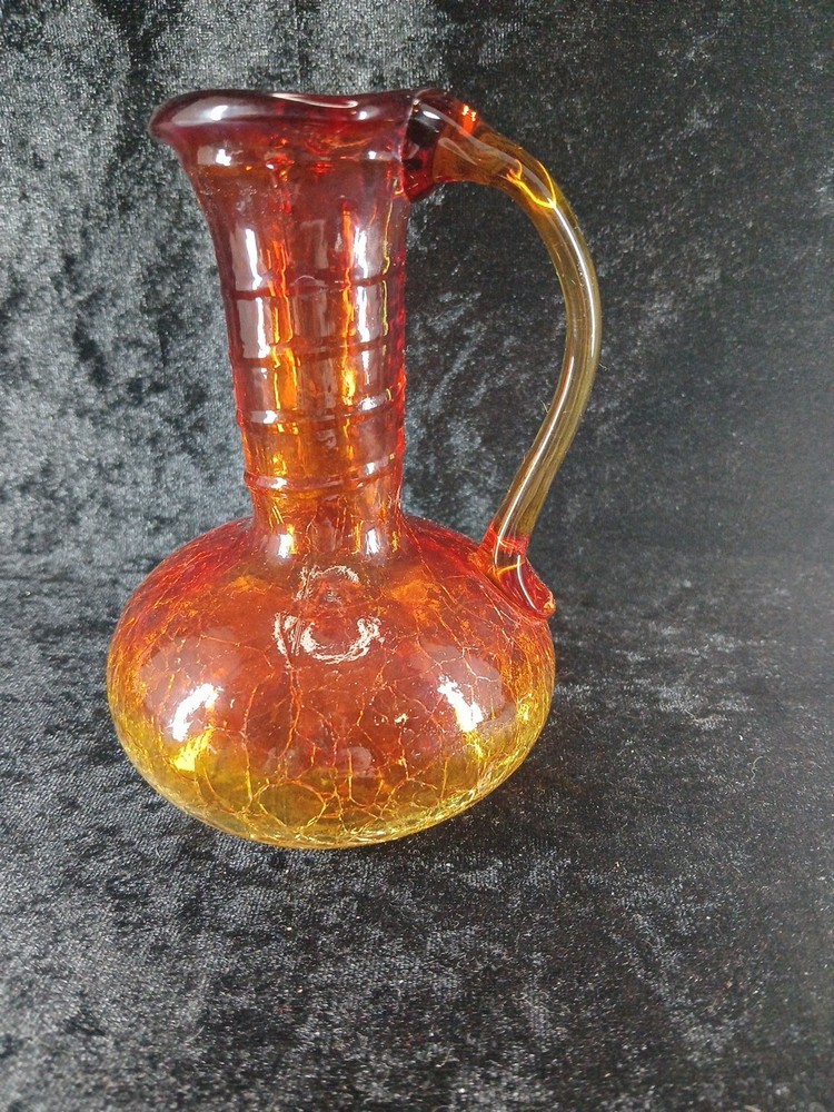 Crackle Glass Amberina Pitcher Applied Handle