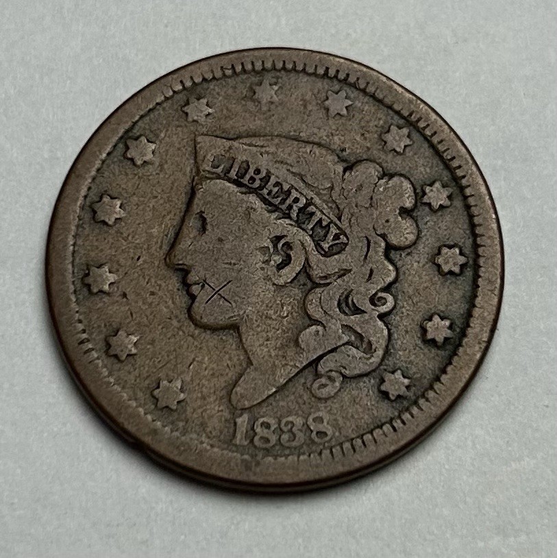 1838 LARGE CENT CORONET HEAD GOOD+
