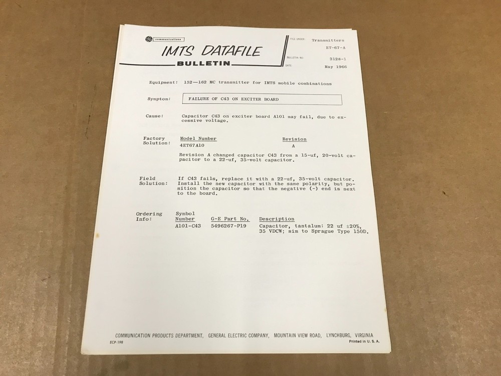 Vintage GE Communications IMTS Datafile 20-Watt Transmitter - Folder No. 3128