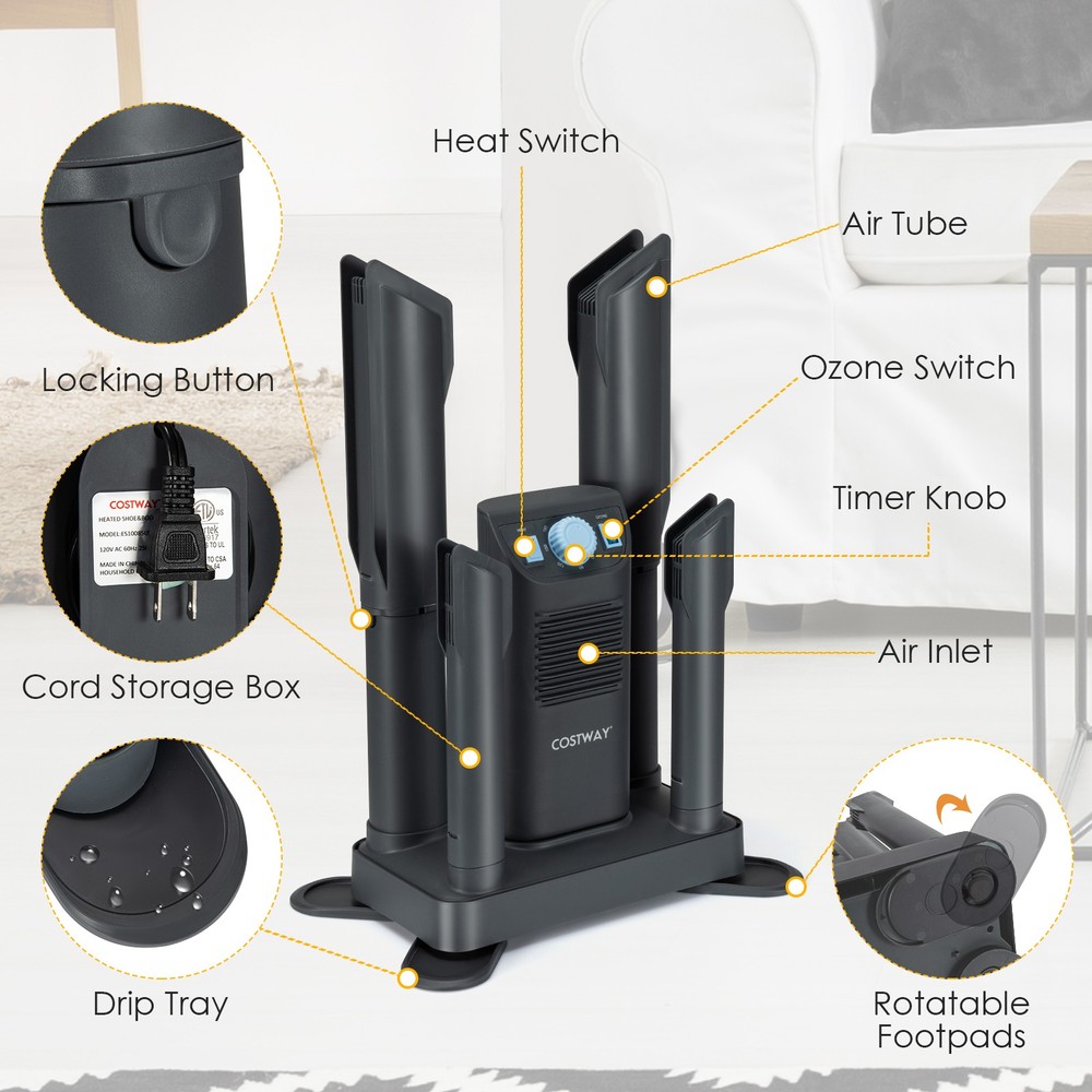 Costway Electric 4 Shoe Dryer Deodorizing Boot Warmer 180 Mins Timer