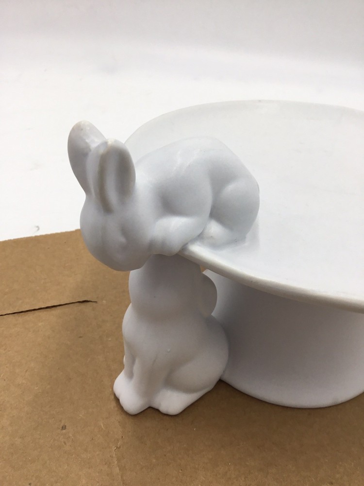 Haven 7.25" Two Figural Easter Bunnies Stoneware Cake Stand White