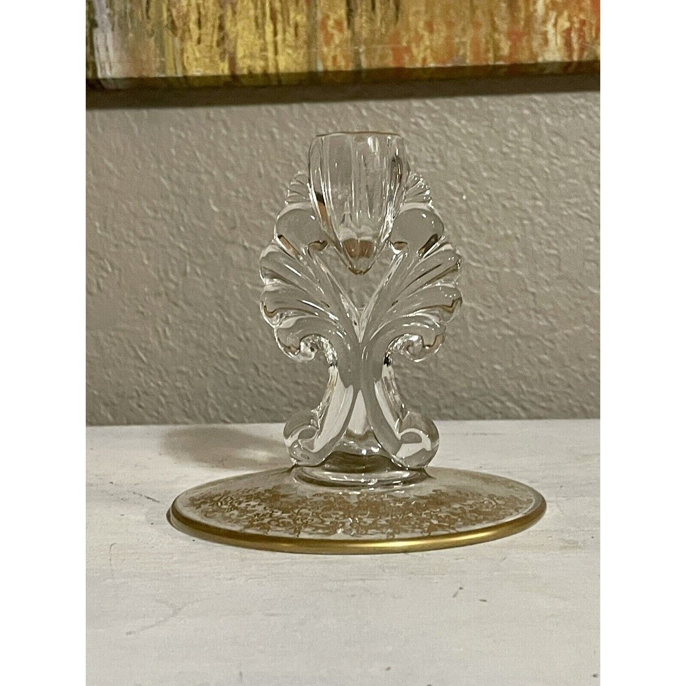 Single Gold Etched Glass Candlestick Holder