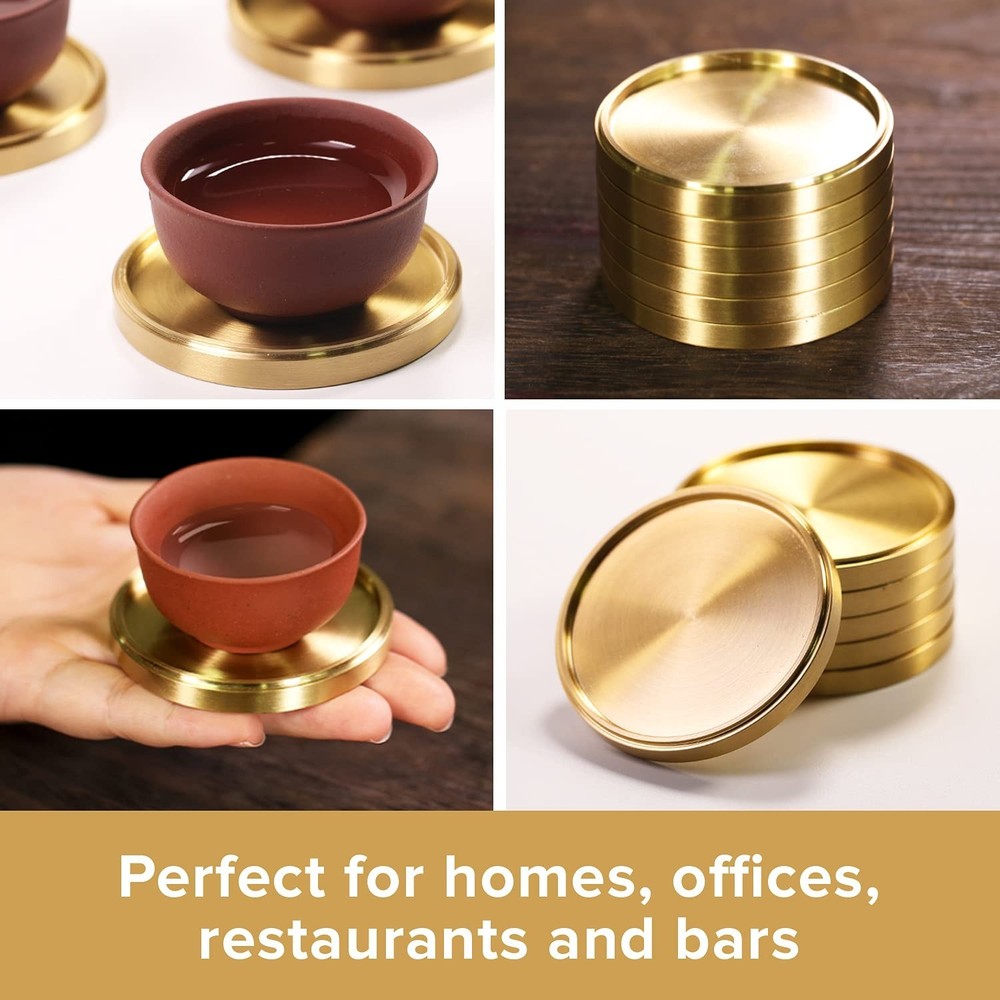 Heavy Brass Coasters for Drinks (6-Pack) - Solid Bronze Gold Coasters - Class...