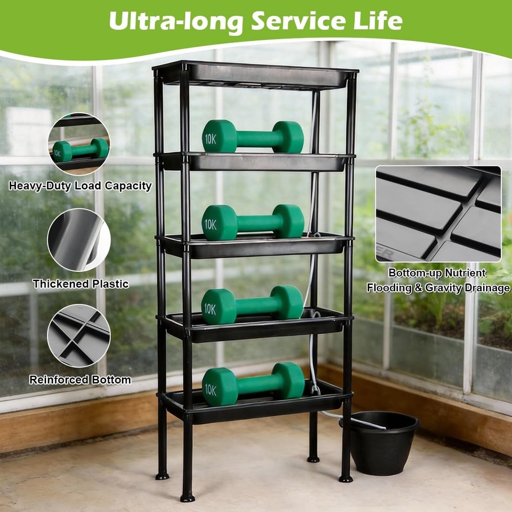 5-Tier Hydroponics Growing System, Plant Stand, Ebb and Flow Seedbeds, Siphon...