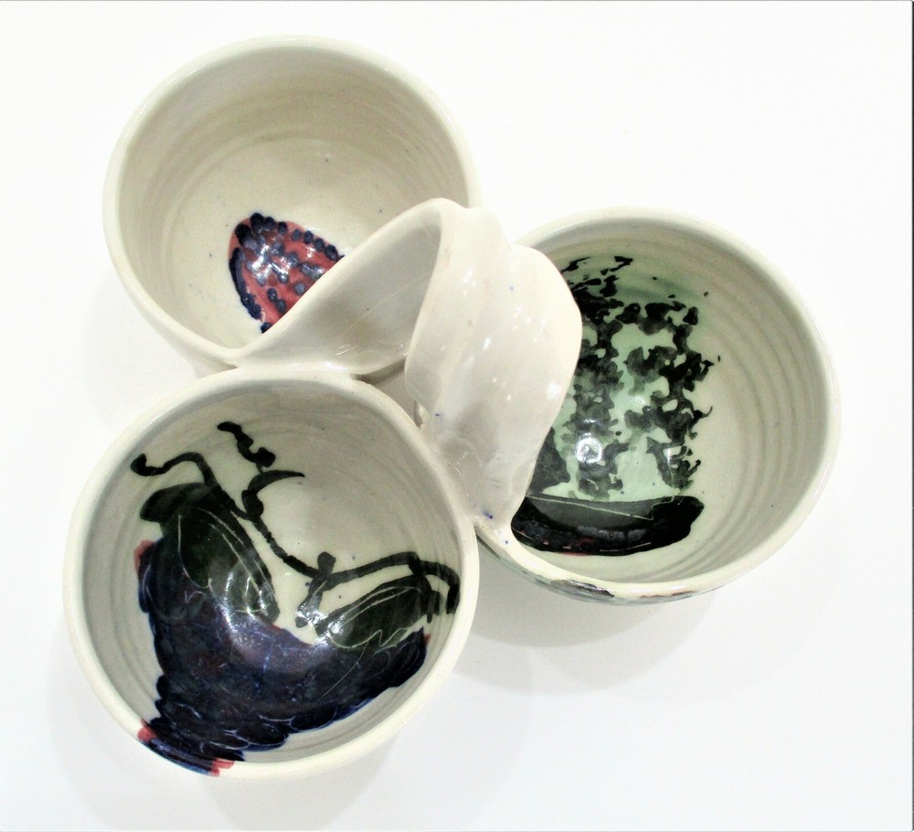 Pottery Condiment Dish Server 3 Section Artisan Made Hand Painted Fruit Signed
