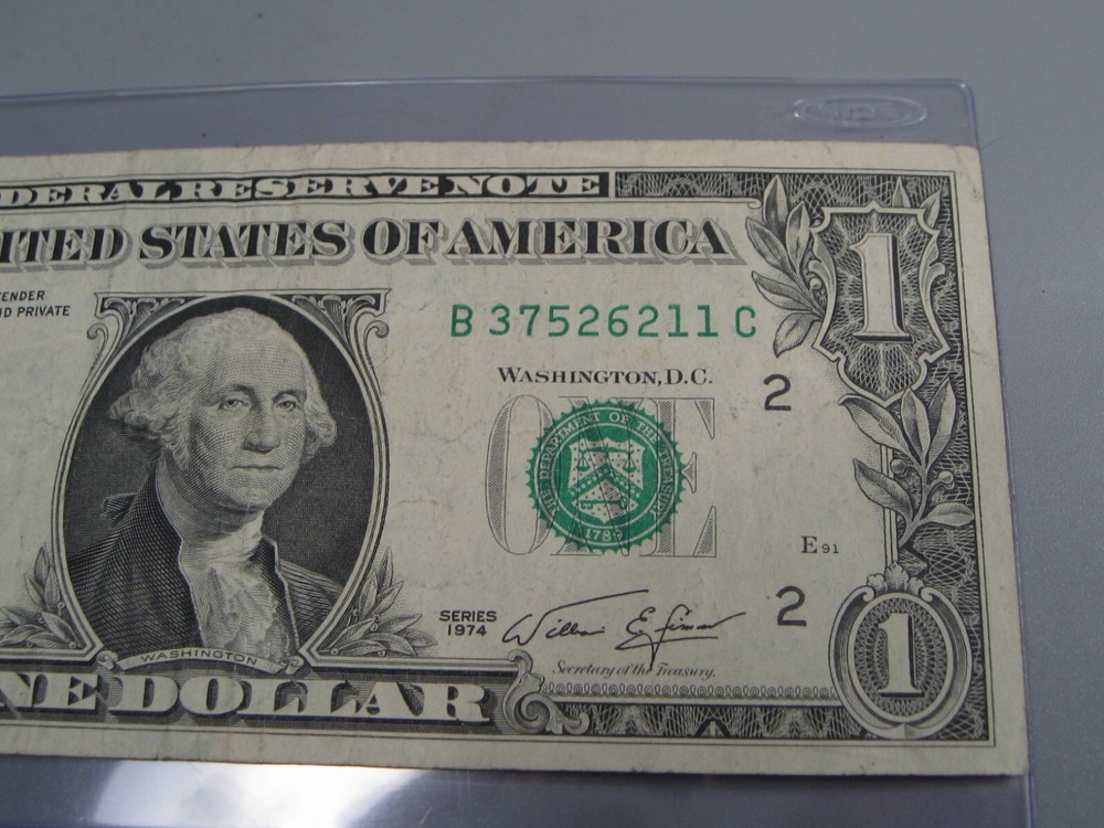 ERROR Note: INK SMEAR. 1974 $1 One Dollar FRN Note. B/C Block.