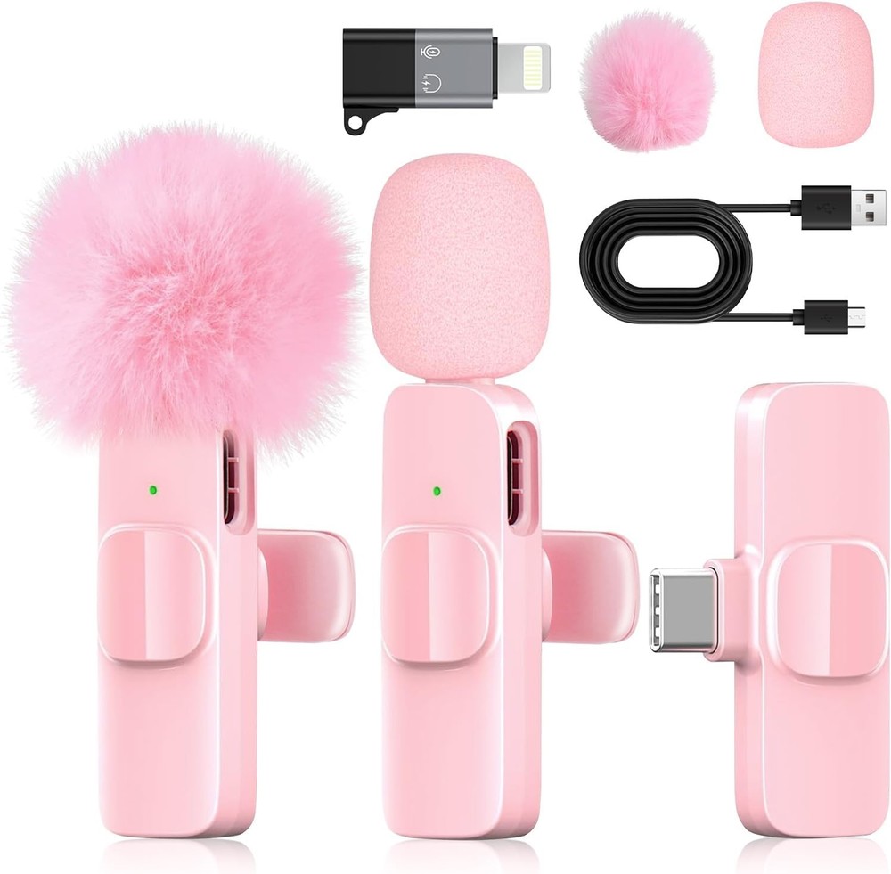 Pink Mini Wireless Microphone for iPhone & Android, Lavalier Microphone with Noi