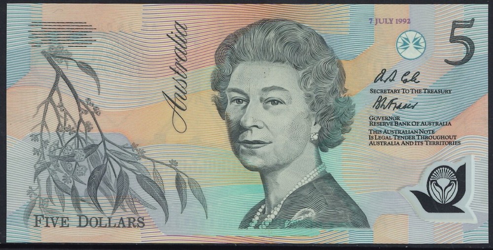 1992 Australia Mint Single $5 AA36 004637 Dated First issue OPT Polymer Banknote