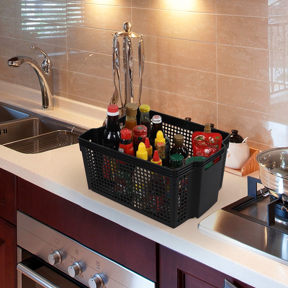 Aninhao 12 Pack Stackable Storage Baskets, Large Plastic Organizer Baskets Black