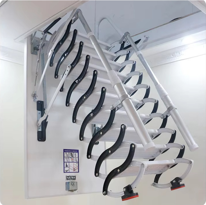 10ft Wall Mounted Folding Ladder Loft Stairs Attic Steps Pull Down + armrest