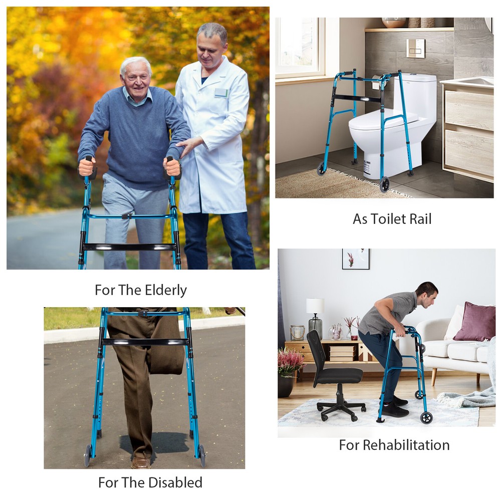 Folding Wheel Walking Frame Adjustable Aluminum Alloy Walker W/Armrest Support