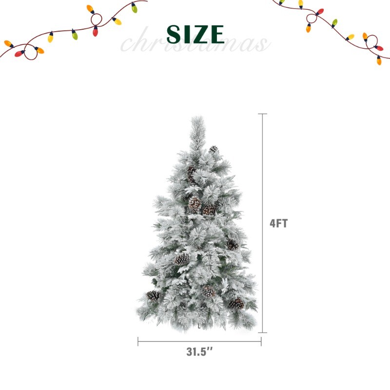 4FT Pre-Lit Christmas Tree Spruce Snow Flocked Artificial Xmas Tree w/ Pine Cone