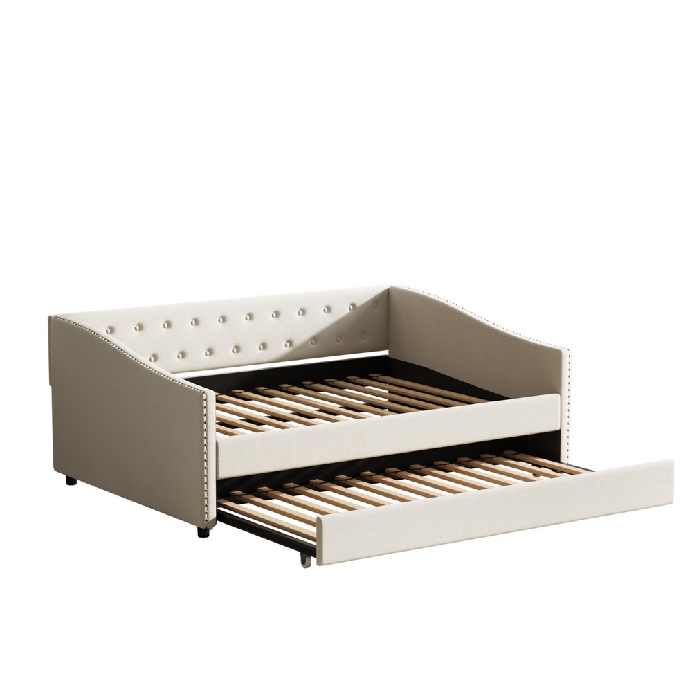 Full Size Daybed Linen Upholstered Bed Frame Sofa Bed with Trundle Bed