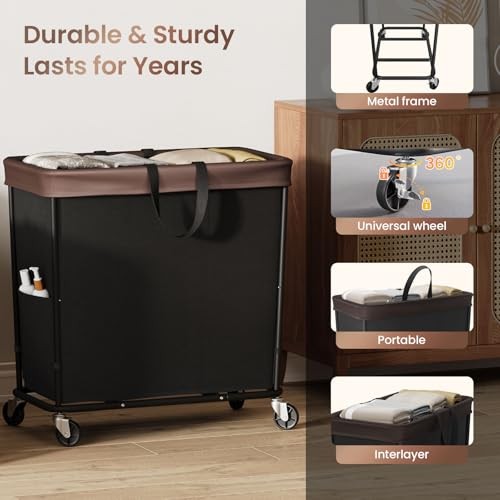 Laundry Basket with Wheels, 3-Section Rolling Hamper for 320L Black-3 Section
