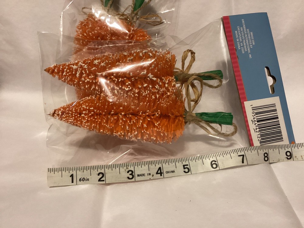Four (4) Happy Easter Flocked Bottles Brush Qrange Carrots Decor