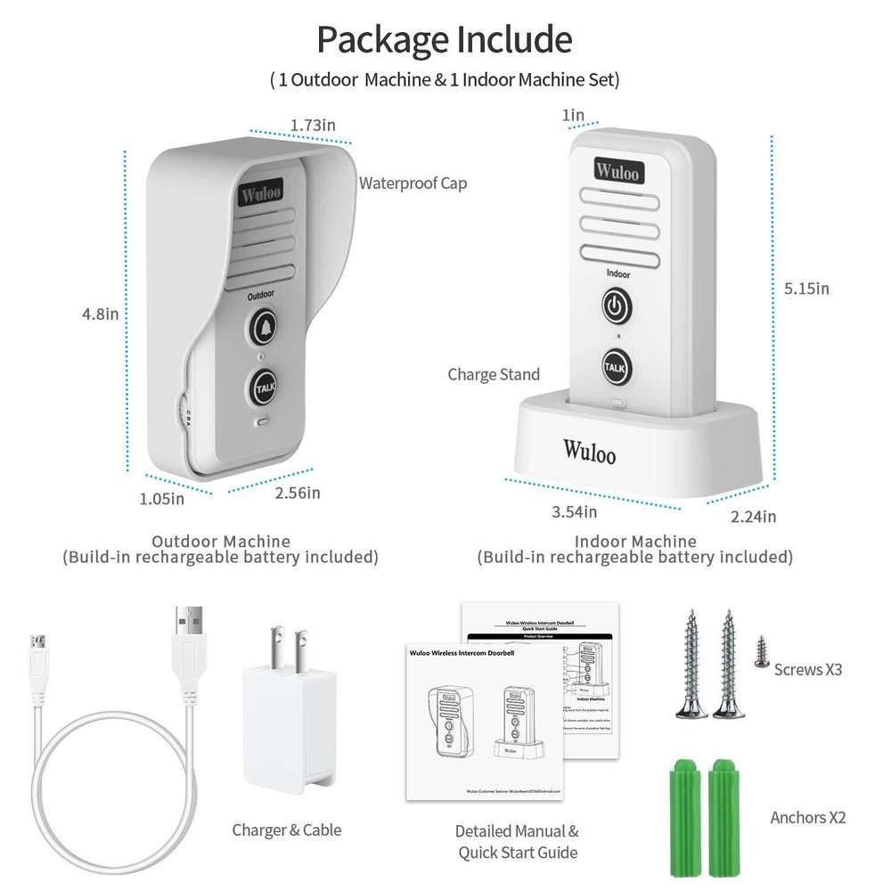 1/2 Mile Long Range Wireless Doorbell Intercom System with Rechargeable Battery