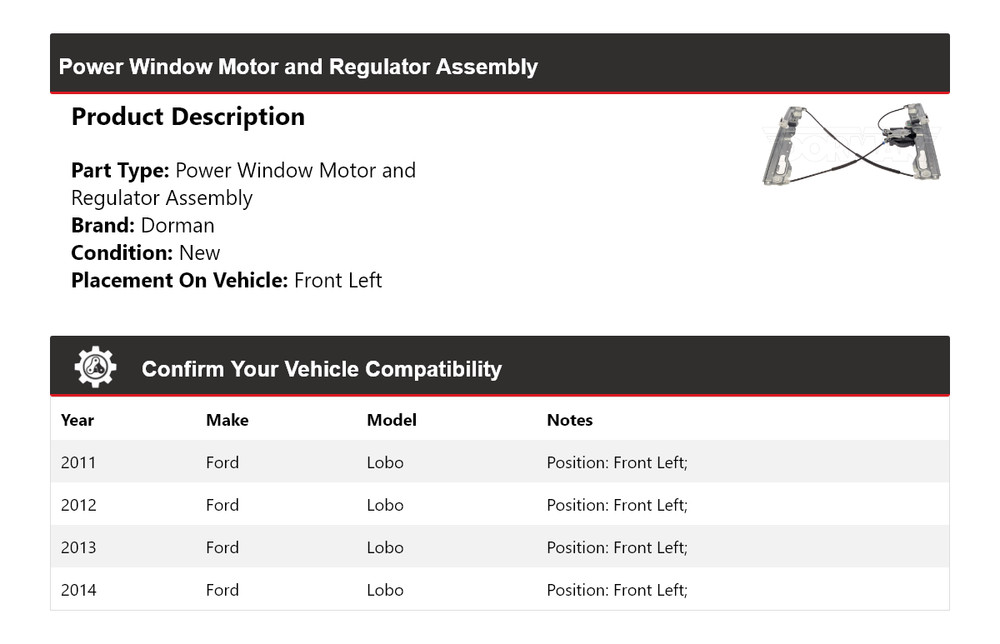 For 2011-2014 Ford Lobo Dorman Power Window Motor/Regulator Assembly Front Left