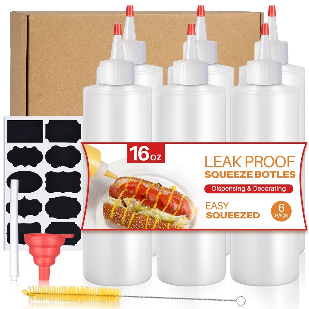 Squeeze Bottles, 16oz Plastic Condiment Squeeze Bottles with Labels & Funnels...