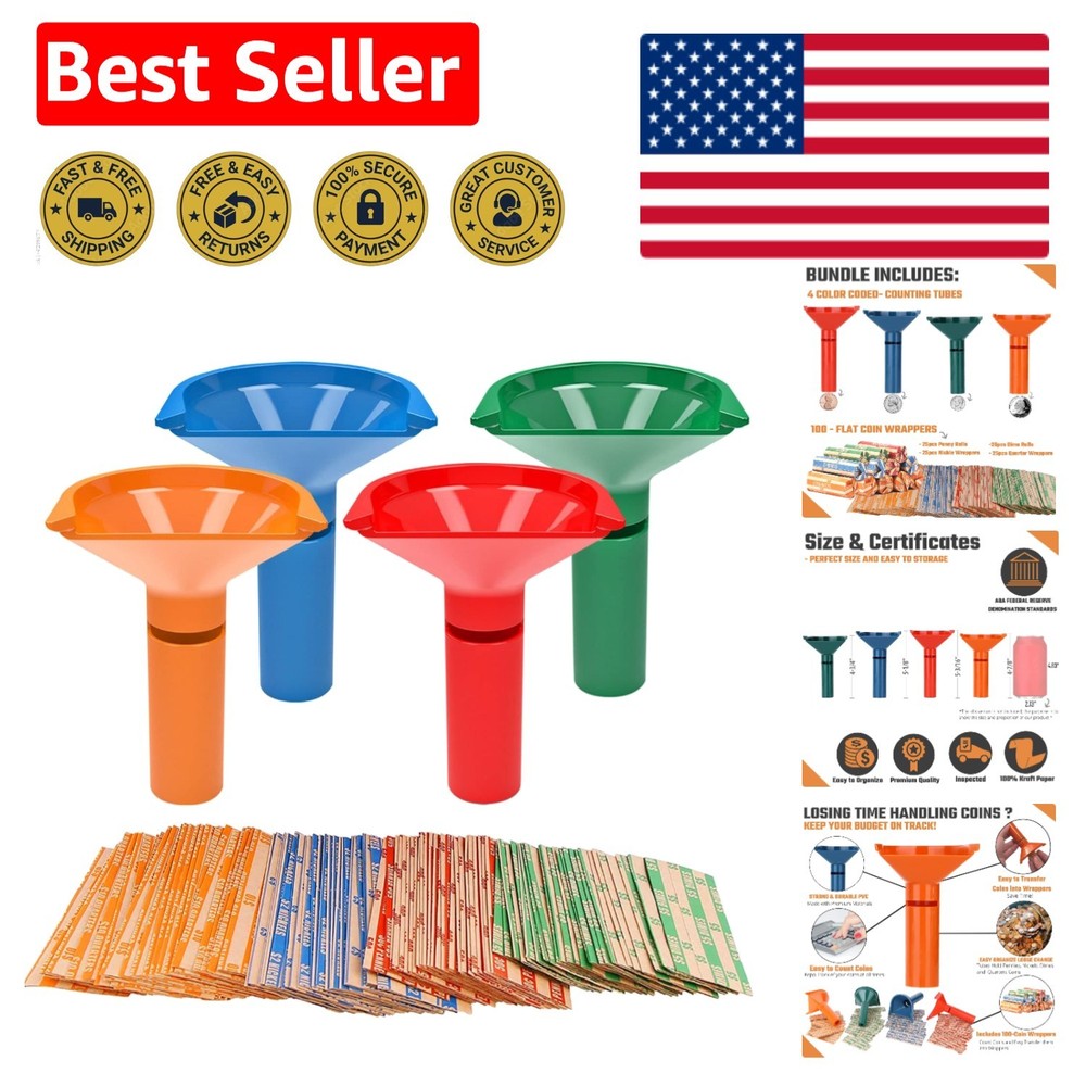 Efficient Coin Storage Tubes Set - 4 Color-Coded with 100 Assorted Wrappers