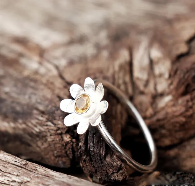 Solid 925 Sterling Silver Flower Yellow Citrine Gemstone Handmade Floral Ring