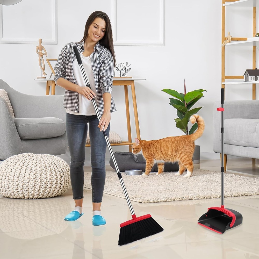 Broom and Dustpan Set, 52-in Long Adjustable Handle Medium-2 Pack, Black Red