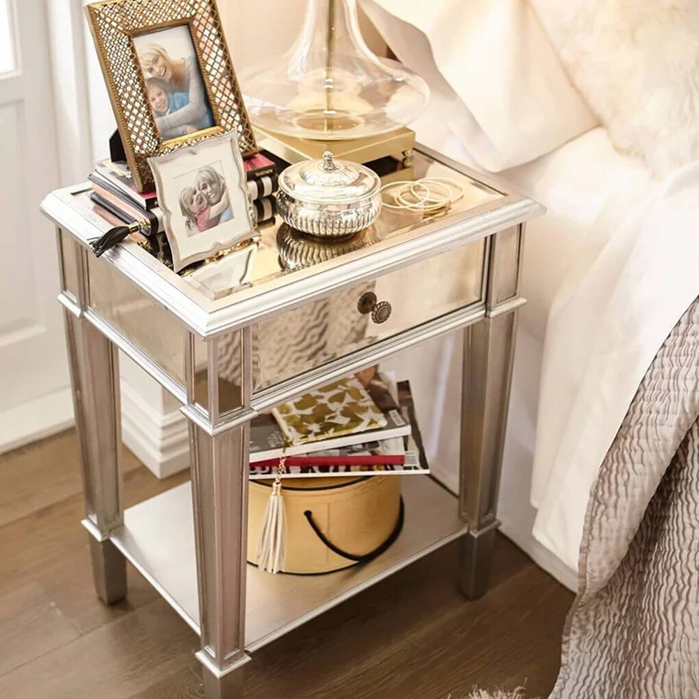 2Tier Modern Silver Mirrored Side End Table Nightstand Bedside Table with Drawer