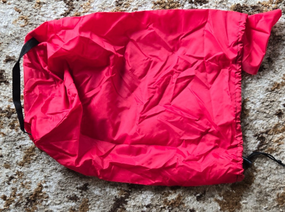 Cascade Designs red storage bag, small, Laid flat: 14" x 8"; diameter 5"