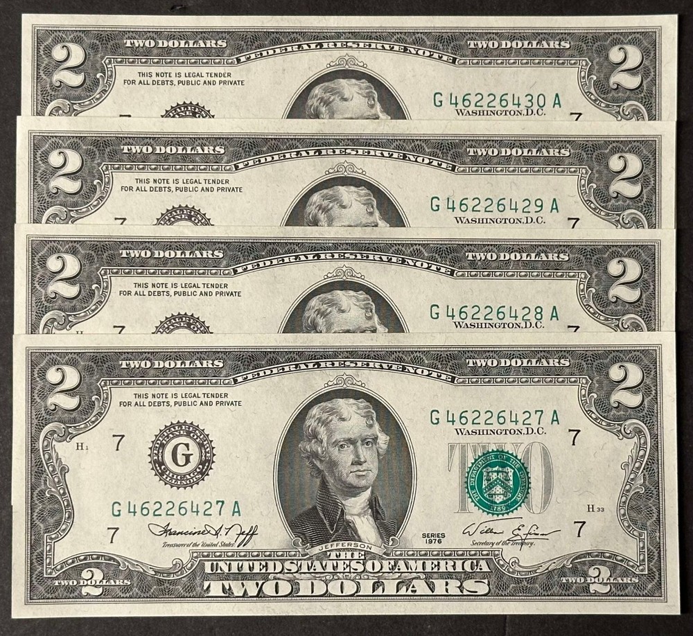 (4) Consecutive 1976 $2 Dollar Bills / Misaligned 3rd print Error / Uncirculated