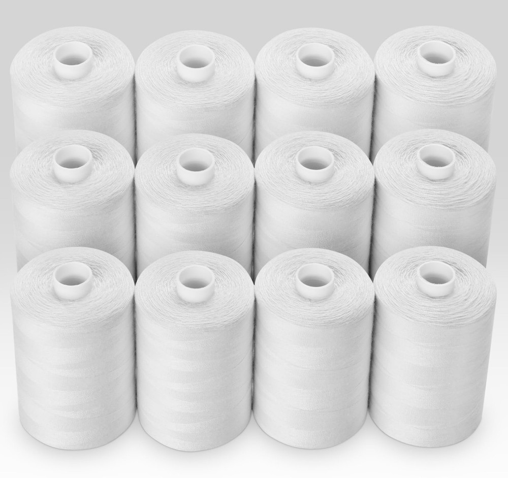 White Sewing Thread 12 Pcs, 1000 Yd Each, Polyester, Machine Hand Stitching