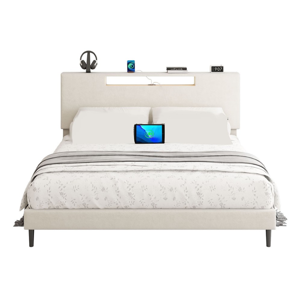 Upholstered Platform Bed Large Size Frame With LED Light And Charging Function