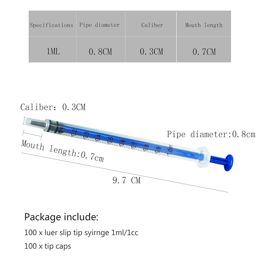 100 Pack Plastic Syringe with Cap, 1Ml 1Cc Syringe without Needle, Non-Sterile