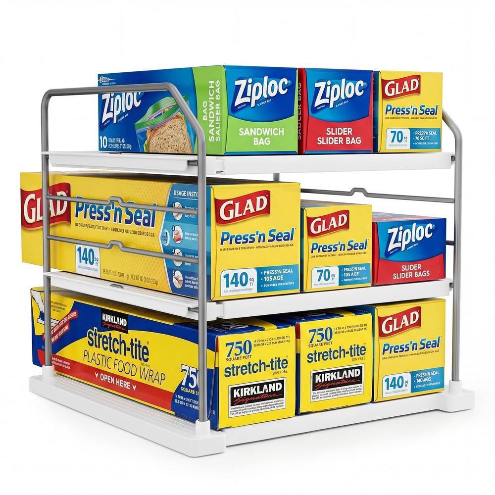 Extendable 3-Tier Kitchen Cabinet & Pantry Organizer for Plastic Wrap, Foil &...