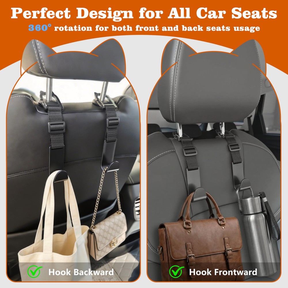 Car Headrest Hooks 4 Pack Adjustable Universal Fit Auto Seat Back Organizer