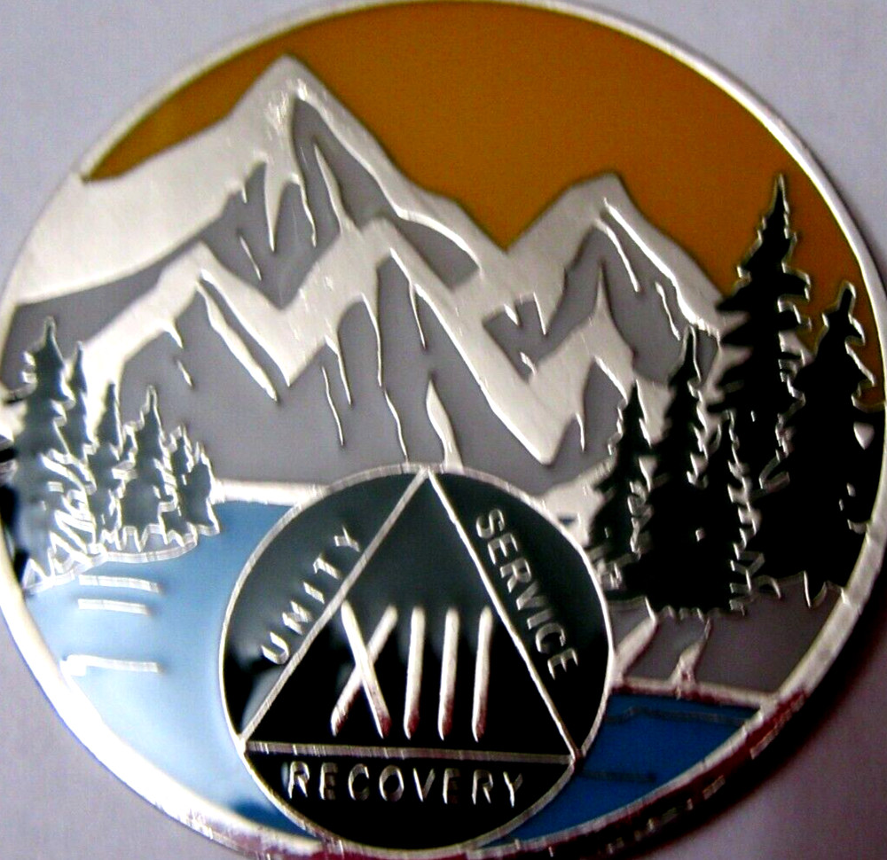 Mountain Blue green Alcoholics Anonymous 13 year AA silver Medallion Coin Token