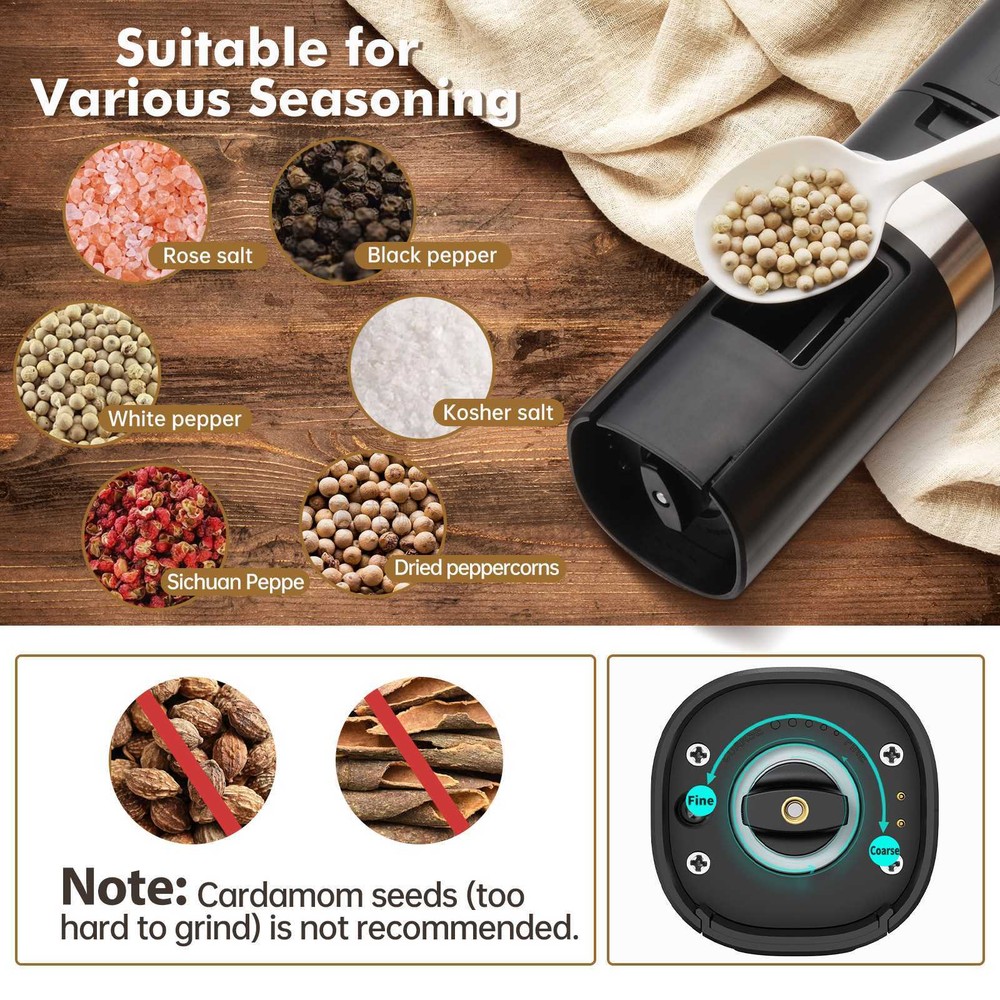 2pcs Electric Salt and Pepper Grinder Set with Rechargeable Base Adjustable