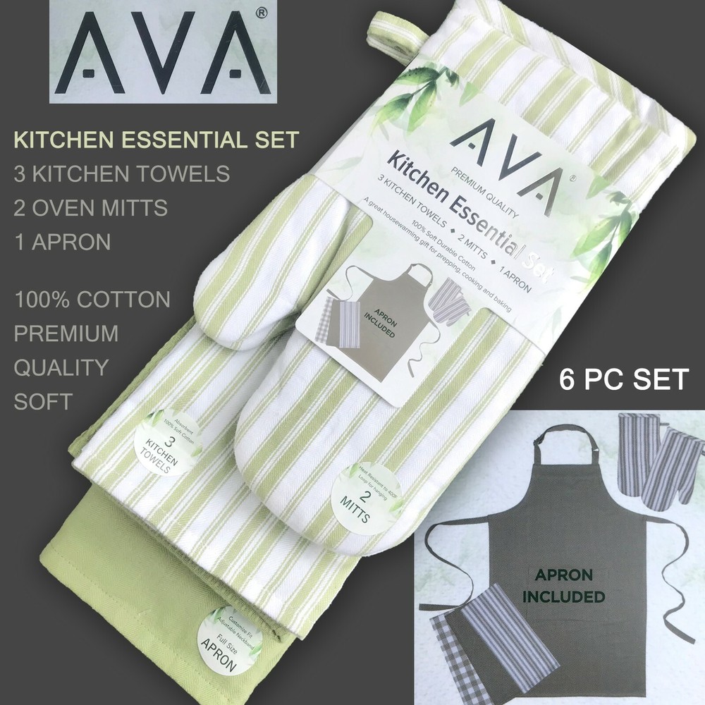 AVA Quality Kitchen Essential Set - 3 Kitchen Towels, 2 Mitts, 1 Apron Gift Set