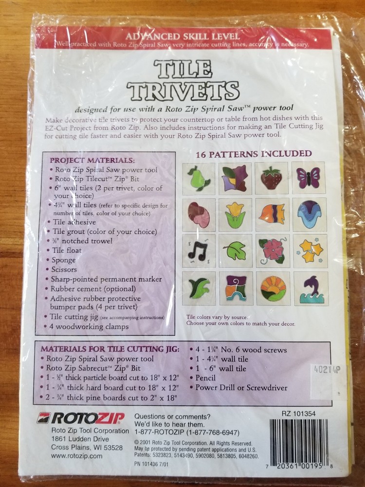 Rotozip Spiral Saw EZ-Cut Project Tile Trivets 16 Patterns