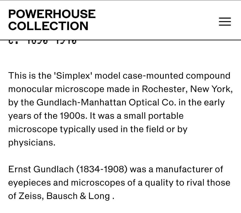 1900s 'Simplex' compound monocular microscope by Gundlach-Manhattan Optical Co
