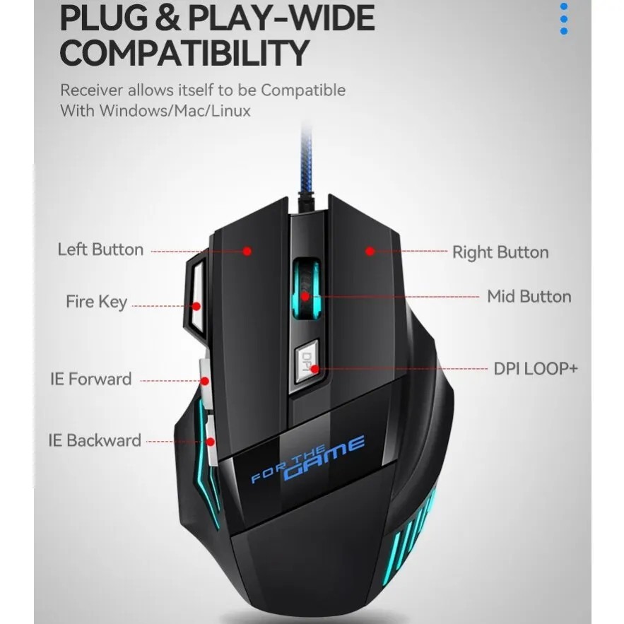 Gaming Mouse 7 Button USB Wired LED Breathing Fire Button 3200 DPI Laptop PC