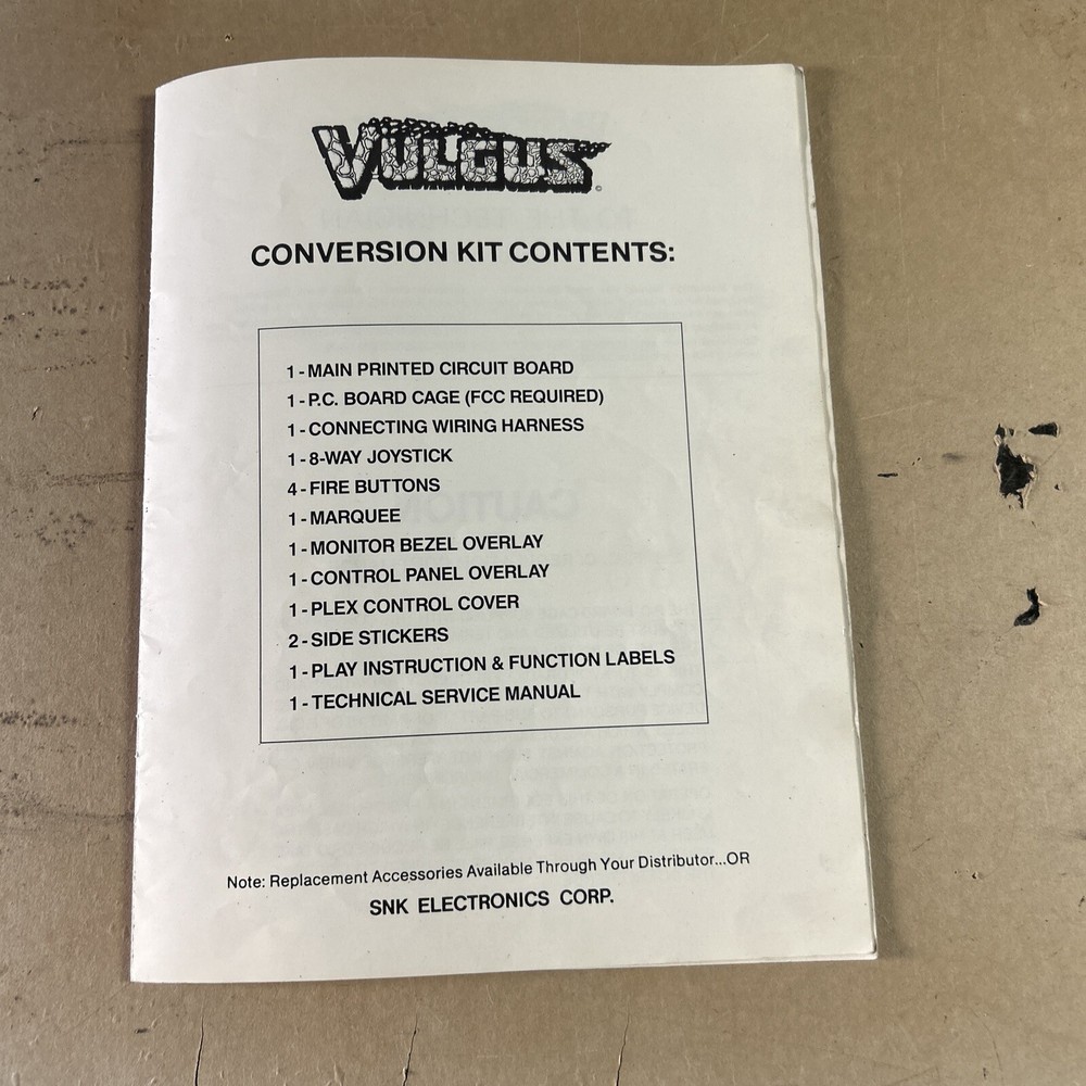 Original Vulgas Snk arcade video game manual
