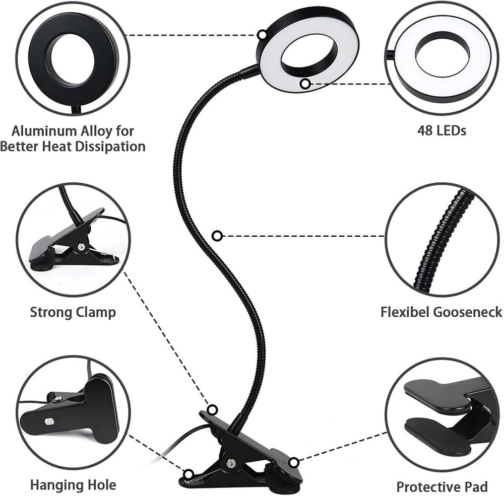 Clip on Light LED Reading Book Study Lamp 3 Color Modes 10 Brightness Eye Pro...