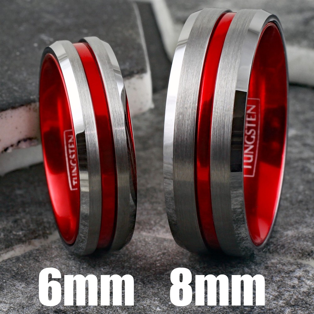 Tungsten Brushed Silver Thin Red Line Band Ring Firefighter First Responder