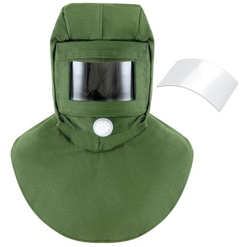 2 Pack Sandblasting Hood Mask with Replacement Lens & Canvas Shawl Cap - Green