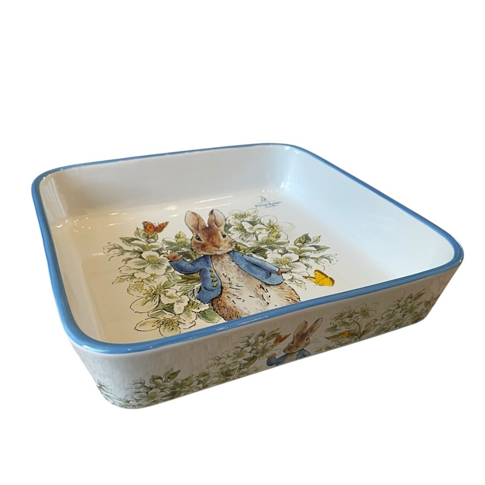Beatrix Potter Peter Rabbit 9" Square Ceramic Baker Blue Rim Easter Bakeware NEW