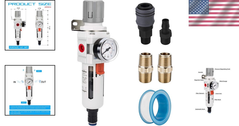 1/2" NPT Air Filter/Regulator with Auto Drain & Durable Brass Element