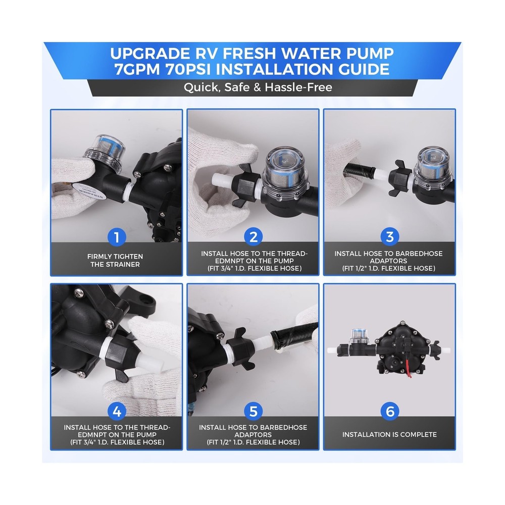 [Upgraded Version] 12V DC RV Fresh Water Pump, 7GPM 70PSI, Five Chamber Self-...