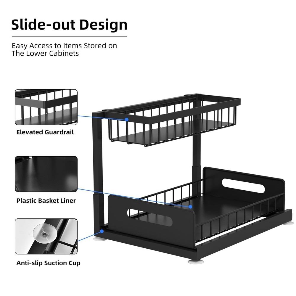 2-Tier Under Sink Slide Out Organizer, 2 Pack Pull Out Cabinet Storage Shelf ...
