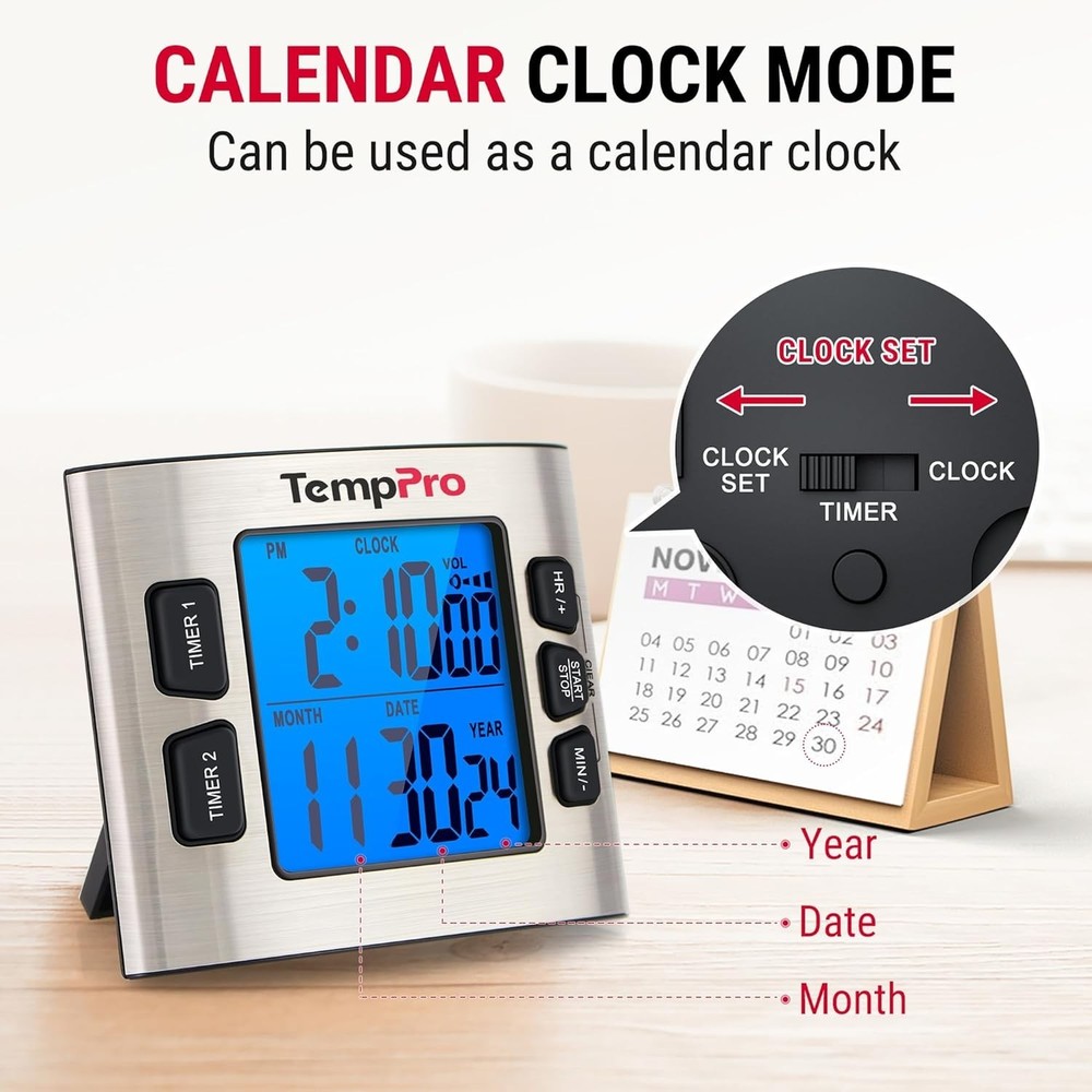Adjustable Alarm Volume, LCD Backlit Display Timer Clock